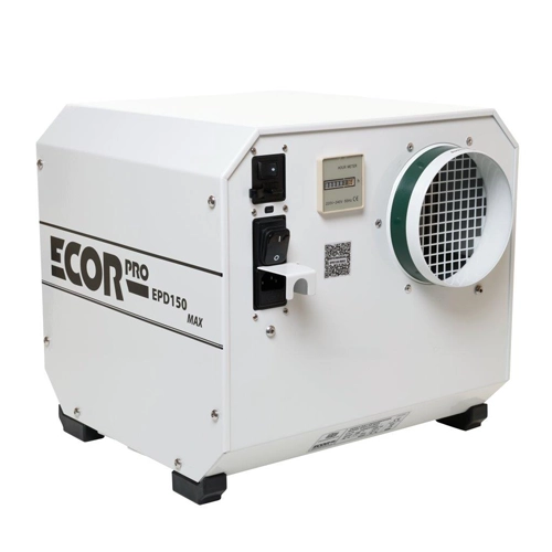 Ecor Pro EPD150-MAX WiFi humidistat and cable accessory included with dehumidifier
Ecor Pro EPD150-MAX WiFi DryFan desiccant dehumidifier front angle view with control panel and duct outlet
Ecor Pro EPD150-MAX desiccant dehumidifier side view with humidistat connected
Ecor Pro EPD150-MAX DryFan dehumidifier side panel with grille and ducting port
Ecor Pro EPD150-MAX desiccant dehumidifier rear panel with WiFi humidistat and connections
Ecor Pro EPD150-MAX DryFan desiccant dehumidifier packaging showing contents inside box
Scale image of Ecor Pro EPD150-MAX WiFi DryFan desiccant dehumidifier compared with 183 cm person