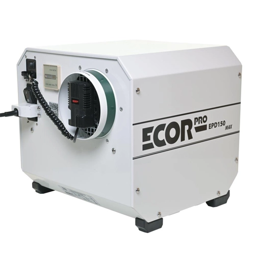 Ecor Pro EPD150-MAX WiFi humidistat and cable accessory included with dehumidifier
Ecor Pro EPD150-MAX WiFi DryFan desiccant dehumidifier front angle view with control panel and duct outlet
Ecor Pro EPD150-MAX desiccant dehumidifier side view with humidistat connected
Ecor Pro EPD150-MAX DryFan dehumidifier side panel with grille and ducting port
Ecor Pro EPD150-MAX desiccant dehumidifier rear panel with WiFi humidistat and connections
Ecor Pro EPD150-MAX DryFan desiccant dehumidifier packaging showing contents inside box
Scale image of Ecor Pro EPD150-MAX WiFi DryFan desiccant dehumidifier compared with 183 cm person