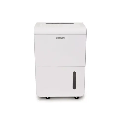 Brolin BR60CR smart heavy duty dehumidifier shown next to 183cm scale silhouette
BR60CR dehumidifier with water tank drawer open
Front view of Brolin BR60CR smart heavy duty dehumidifier
Side view of Brolin BR60CR smart heavy duty dehumidifier with carry handles
Alternate front view of Brolin BR60CR smart dehumidifier
Rear view of Brolin BR60CR smart heavy duty dehumidifier with drainage hose and vents