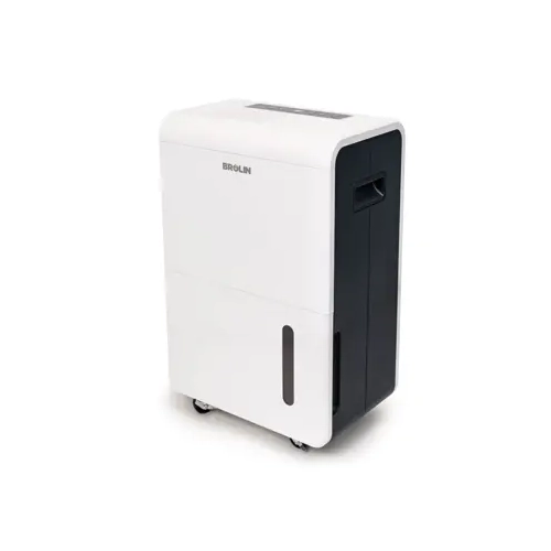 Brolin BR60CR smart heavy duty dehumidifier shown next to 183cm scale silhouette
BR60CR dehumidifier with water tank drawer open
Front view of Brolin BR60CR smart heavy duty dehumidifier
Side view of Brolin BR60CR smart heavy duty dehumidifier with carry handles
Alternate front view of Brolin BR60CR smart dehumidifier
Rear view of Brolin BR60CR smart heavy duty dehumidifier with drainage hose and vents