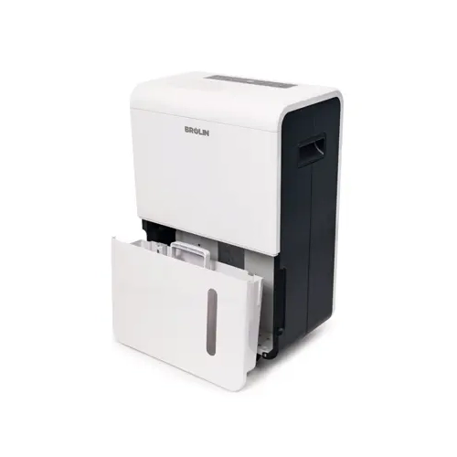 Brolin BR60CR smart heavy duty dehumidifier shown next to 183cm scale silhouette
BR60CR dehumidifier with water tank drawer open
Front view of Brolin BR60CR smart heavy duty dehumidifier
Side view of Brolin BR60CR smart heavy duty dehumidifier with carry handles
Alternate front view of Brolin BR60CR smart dehumidifier
Rear view of Brolin BR60CR smart heavy duty dehumidifier with drainage hose and vents