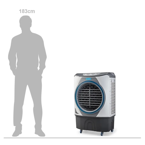 Fral EVC 70 evaporative air cooler angled view on castor wheels
Fral EVC 70 evaporative air cooler shown next to 183cm scale silhouette