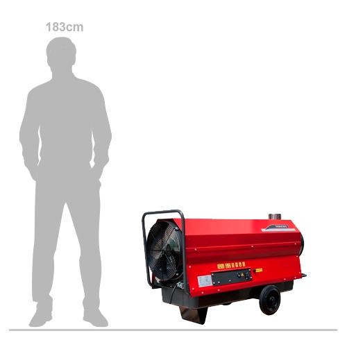 Thermobile large indirect space heater shown next to 183cm scale silhouette
Thermobile large indirect space heater package with heater unit, ducting, flues, filters, and accessories